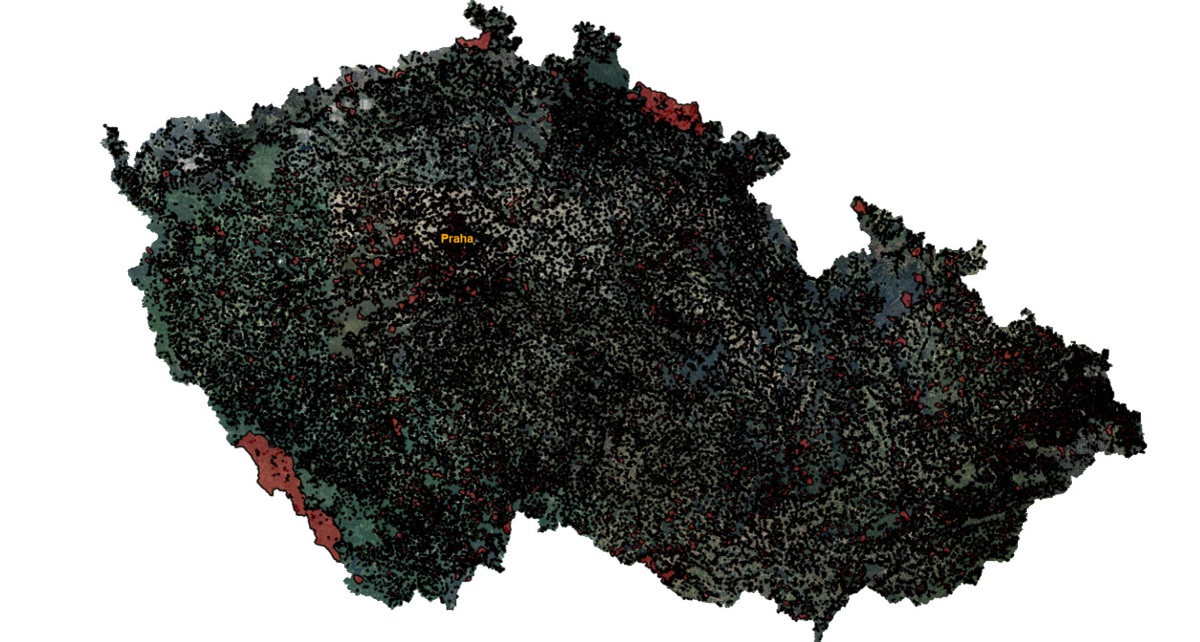 Mapa zveřejněná ministerstvem zemědělství, která ukazuje červeně oblasti, ve kterých je používání zábavní pyrotechniky od 1. prosince zakázáno.